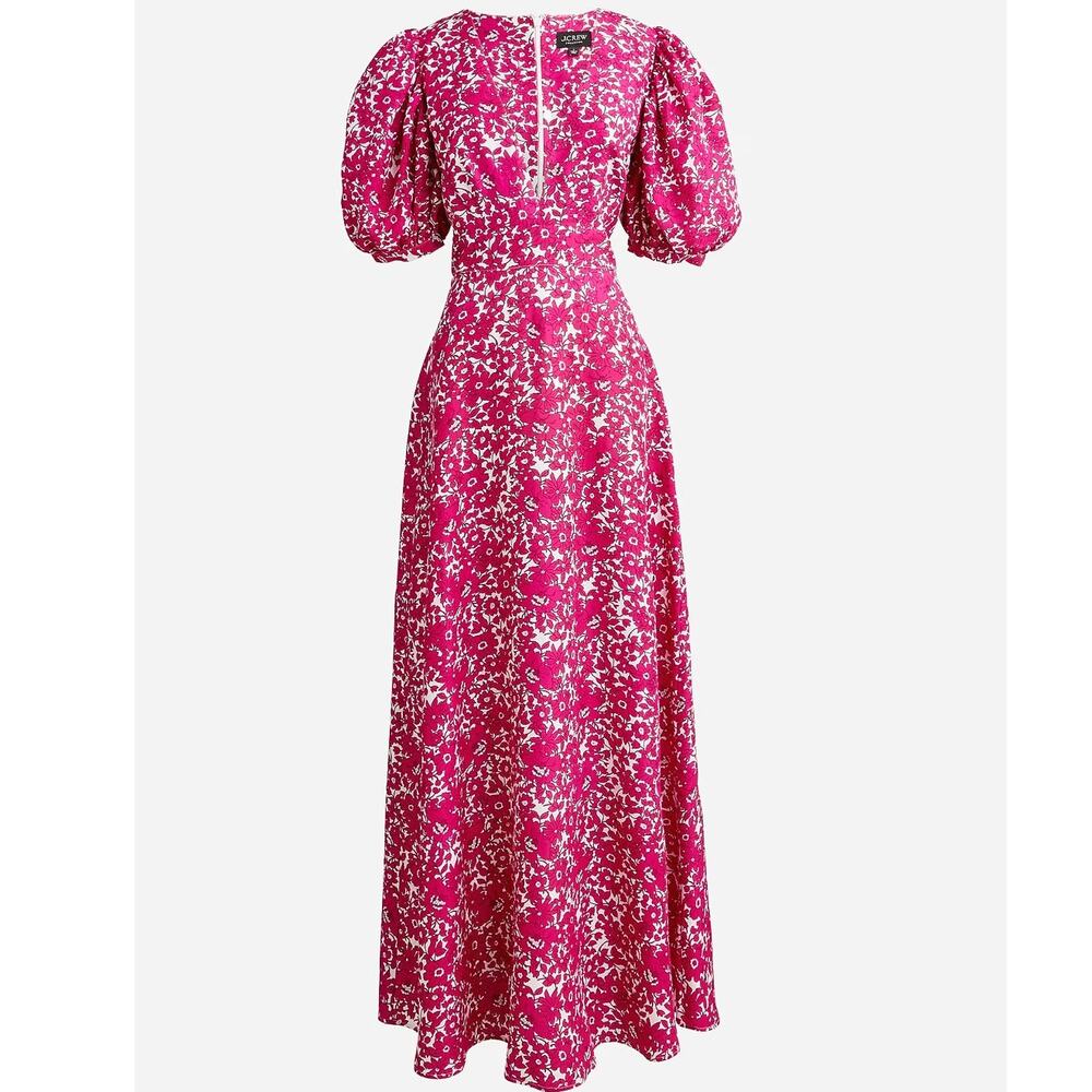 J. Crew Collection Floral Maxi Dress XS Puff Sleeve Deep V-Neck Smocked